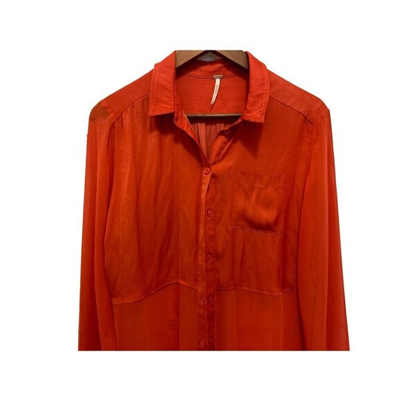 Women's Med Free People Sheer Luck Shirt Rust Orange Long Sleeve - Picture 5 of 10